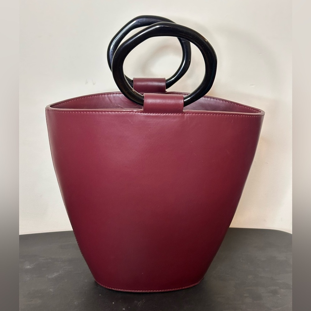 Staud Burgundy Large Leather Crossbody Work Tote Bag with Black Handles